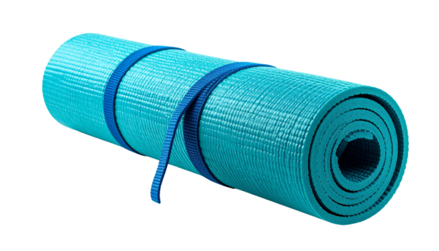 Turquoise yoga mat rolled up with blue straps for easy transport isolated on solid white background Png 