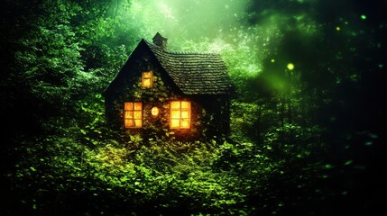 Fototapeta premium Mystical cottage retreat luminous windows amid forest enchantment magical glow cozy homestead nestled within verdant foliage ambience