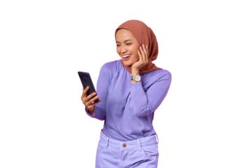 Portrait of smiling young Asian woman holding mobile phone isolated on transparent background