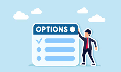 Businessman standing beside an app interface with OPTIONS written on it, illustration of choices and inputs related to business development and progress