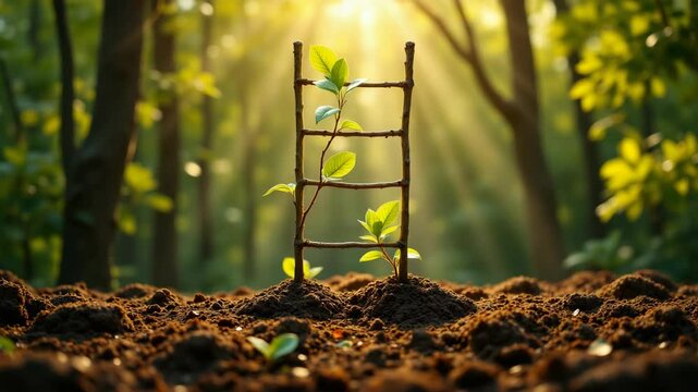 A young plant climbs a small wooden ladder in rich soil, bathed in warm sunlight within a lush, green forest.