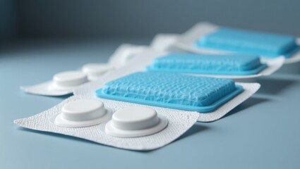 Sleep Patches. White round pills blister pack near blue cold compress