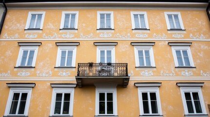 Fototapeta premium Charming facade featuring ornate balcony and multiple windows showcasing architectural symmetry and european urban landscape aesthetic
