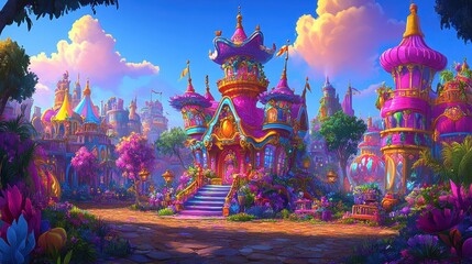 Fototapeta premium Whimsical dreamscape a fantasy cityscape with candy colored architecture set against a clear sky invites imagination and wonder