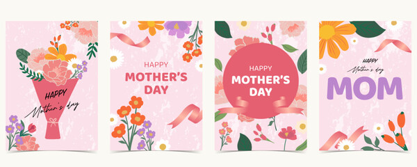 Pink mother’s day background with carnations, leaf, daisy for a4 vertical design