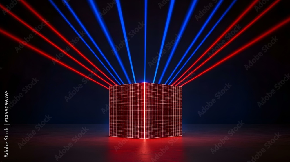 Wall mural a red cube with a grid pattern is illuminated by converging red and blue laser beams in a dark room.