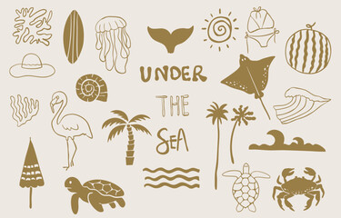 summer gold icon with shell,sea,wave,tree,fish tail for kid design