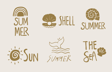 summer gold icon with shell,sea,wave,tree,fish tail for kid design