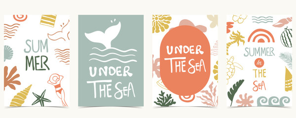 Summer groovy background with fish tail,sea,under the sea. graphic for a4 vertical design