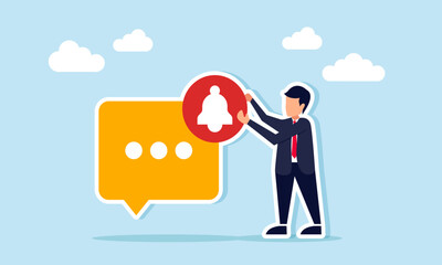 Businessman holding a notification sign standing next to a chat dialog, illustration of message related to business partnership offer