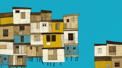 Abstract Vernacular Architecture on Azure Canvas Minimalist Geometric Housing Clusters Artistic Dwelling Stacks Colorful Building Abstraction