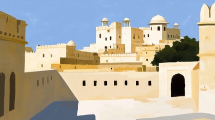 Majestic desert fort illustration an intricate architectural rendering of a historic landmark under a clear sky art background