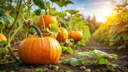 A mature pumpkin plant in a garden with a few ripe pumpkins on the vine, vines, farm,  vines, farm, autumn, garden