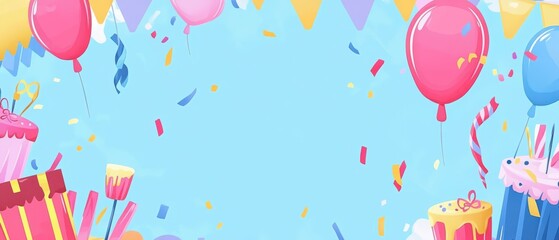 Festive birthday party background with colorful balloons, confetti, cakes, and gifts on light blue backdrop Concept of celebration, fun, and happiness