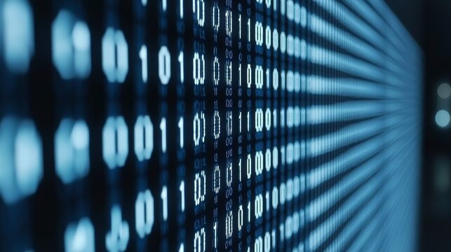 Abstract Technology Background, Blue Binary Code Stream, Data Transfer, Digital Display.