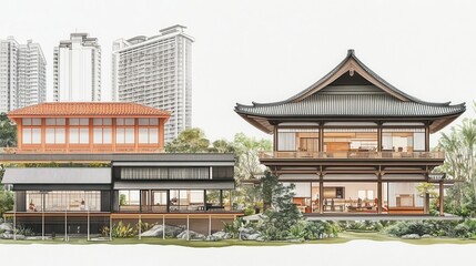 Obraz premium Japanese Architectural Fusion Contemporary Urban Backdrop Minimalist Design Temples and Modern Skyscrapers Harmonious Contrasts Cultural Aesthetic