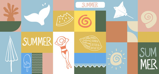 Summer geometric banner background with shell,stingray,fish tail. graphic for horizontal design