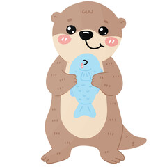 Cute otter playing with fish cartoon kawaii otter