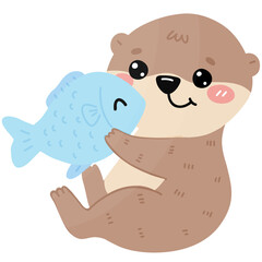 Cute otter playing with fish cartoon kawaii otter