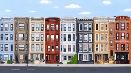 Fototapeta premium Colorful Urban Facades Detailed Row of Townhouses on Street in a Neighbourhood Architecture Diversity and Character Cityscape
