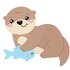 Cute otter playing with fish cartoon kawaii otter