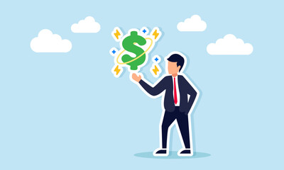 Businessman showing sparkling dollar sign illustration of showing maximum and optimal performance of the dollar currency