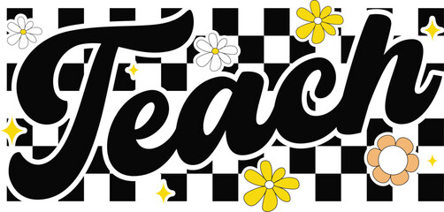 Teach Checkered Png, Floral Teacher Png