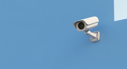 3d cute cartoon illustration, modern security camera on blue building wall in sunny realism style at dawn, subject at bottom, copy space at top. ,isolated on bright background, no text