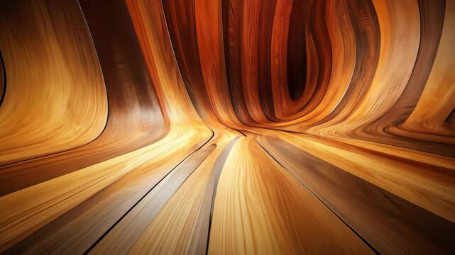 Curved wooden planks create optical illusion, showcasing natural colors and textures