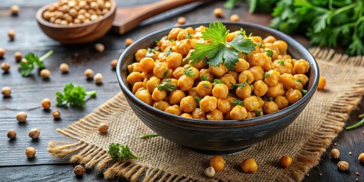 Chickpeas in a bowl with cumin seeds scattered on top and coriander leaves garnished, fresh herbs