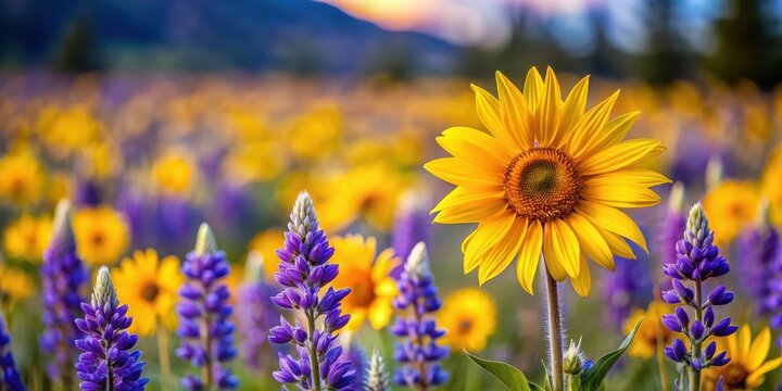 Yellow Arrow-leaf Balsamroot and Purple Lupines in a Blurry Background, balsamroot