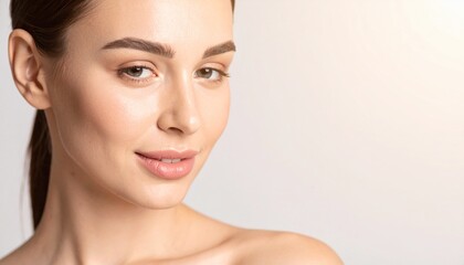 Fototapeta premium Serene Young Woman with Radiant Skin Against a Soft Gradient Background with Space for Text