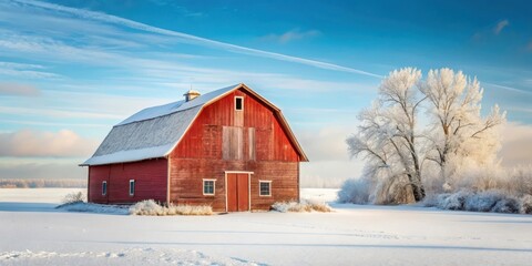 A rustic red barn stands alone in a snow-covered field on a cold winter morning