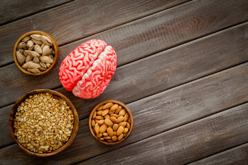 Healthy food for the brain. Human brain model with nuts and grain, top view