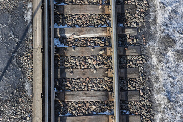 Railway tracks, rails close-up, top view.