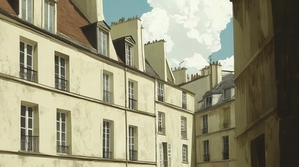 Fototapeta premium Charming Parisian Architecture Capturing Urban Elegance and Timeless Appeal Showcasing Detailed Facades and Quaint Rooftop Views