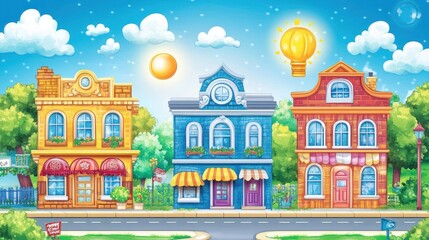 Fototapeta premium Whimsical town illustration cheerful cityscape under sunny sky cute cartoon buildings children's book style bright and colorful design