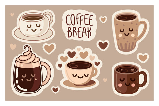 Set of hand drawn illustrations of cute coffee cups collection. 
Coffee break. Coffee time. Cute cozy stickers and cliparts for coffee shop.