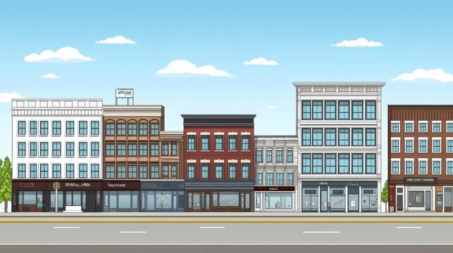 Vibrant city street vector backdrop illustration showcases diverse architectural styles against a clear blue sky with fluffy clouds