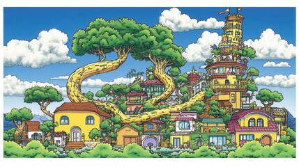 Obraz premium Fantasy town interconnected by winding trunks illustration evoking imagination and whimsical architecture in a storybook landscape