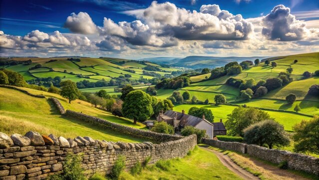 Rolling hills and ancient stone walls in a picturesque English countryside landscape with a distant village and a blue sky with fluffy white clouds , hills, stone walls
