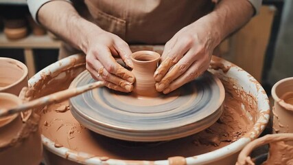 A potter's skilled hands shape wet clay on the pottery wheel, crafting a ceramic bowl