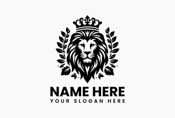Obraz premium Cartoon lion head with royal crown and floral elements in colorful vector logo design, representing power, nobility, and warmth in a family-friendly style 