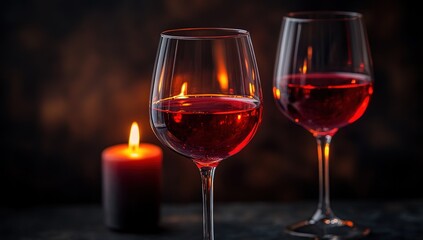 Two glasses of red wine, lit by candlelight