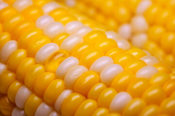 Bolied corn. Maize cob texture. Food background. Close up of corn kernels on cob. 