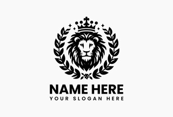 Cartoon lion head with royal crown and floral elements in colorful vector logo design, representing power, nobility, and warmth in a family-friendly style 
