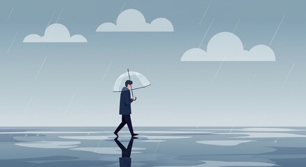 Obraz premium Person Walking with Umbrella in Rain Puddle Reflections