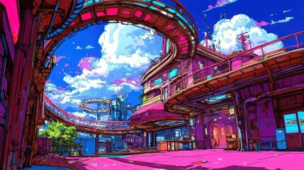 Obraz premium Vibrant cityscape with whimsical architecture and surreal sky evoking imaginative dreamlike urban fantasy in vivid color palette