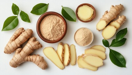 Fresh ginger root and powder, healthy spice
