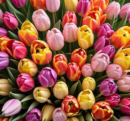 Fototapeta premium a colorful bouquet of closed tulips, profesional close-up product photography, zenit top view